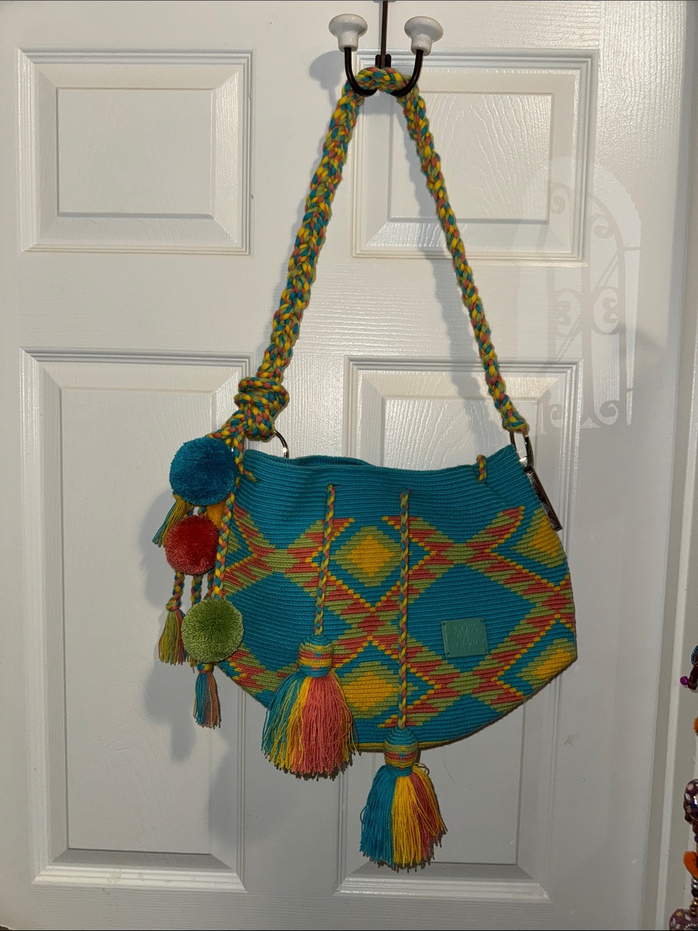 Wayuu Mochila Pom Pom Turquoise Multicolor Large  Shoulder Bag Plaited Handle